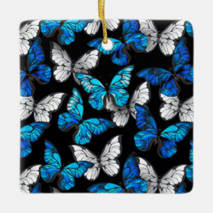Mörk Sömlöst Mönster med Blue Butterflies Morpho Julgransprydnad Keramik