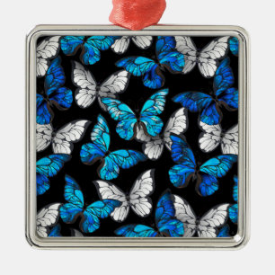 Mörk Sömlöst Mönster med Blue Butterflies Morpho Julgransprydnad Metall