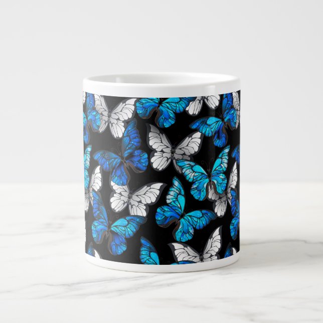 Mörk Sömlöst Mönster med Blue Butterflies Morpho Jumbo Mugg (Framsidan)
