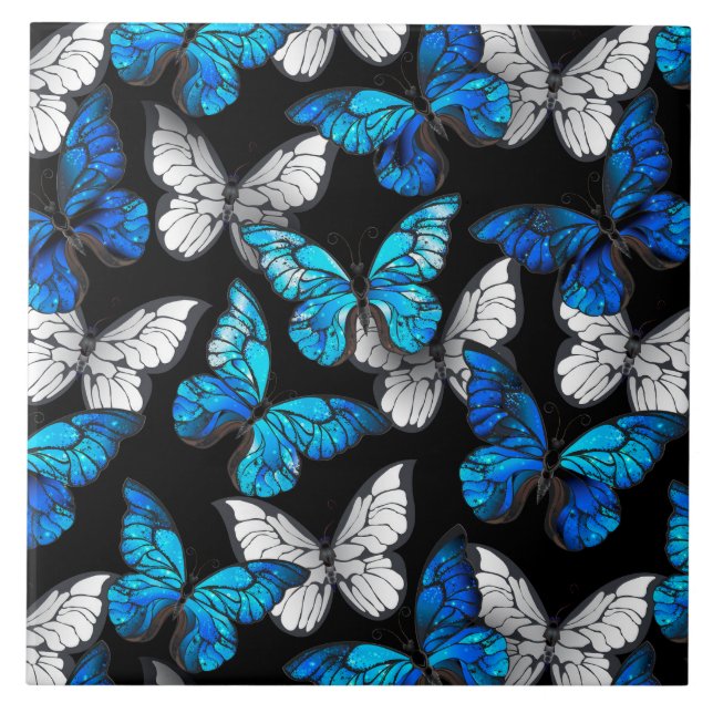 Mörk Sömlöst Mönster med Blue Butterflies Morpho Kakelplatta (Framsidan)
