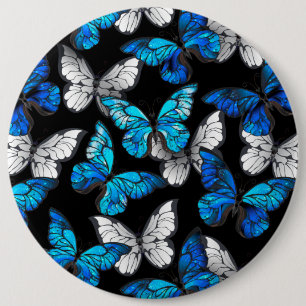Mörk Sömlöst Mönster med Blue Butterflies Morpho Knapp