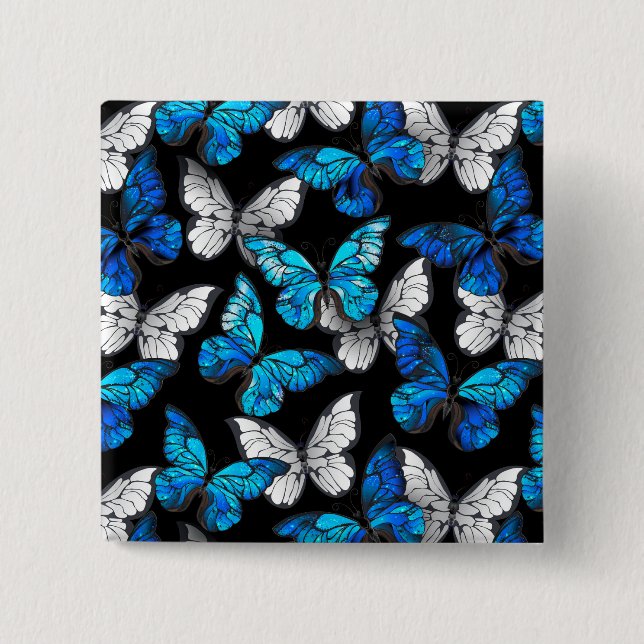 Mörk Sömlöst Mönster med Blue Butterflies Morpho Knapp (Framsida)