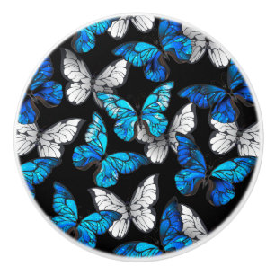 Mörk Sömlöst Mönster med Blue Butterflies Morpho Knopp