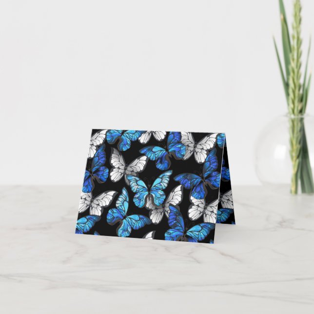 Mörk Sömlöst Mönster med Blue Butterflies Morpho Kort (Framsida)