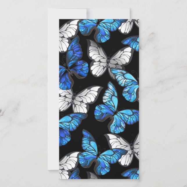 Mörk Sömlöst Mönster med Blue Butterflies Morpho Kort (Framsida)
