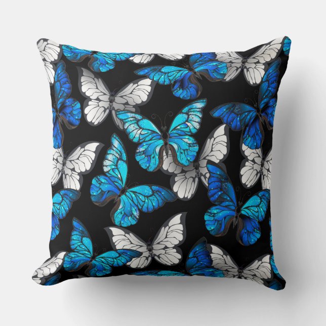 Mörk Sömlöst Mönster med Blue Butterflies Morpho Kudde (Framsida)