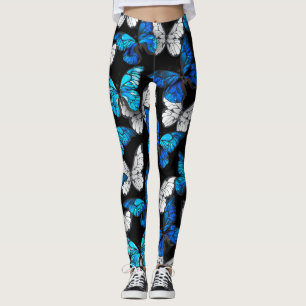 Mörk Sömlöst Mönster med Blue Butterflies Morpho Leggings