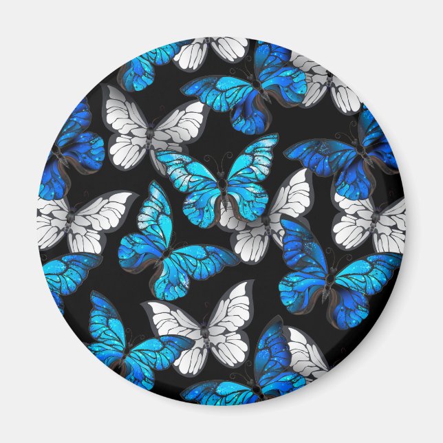 Mörk Sömlöst Mönster med Blue Butterflies Morpho Magnet (Framsidan)
