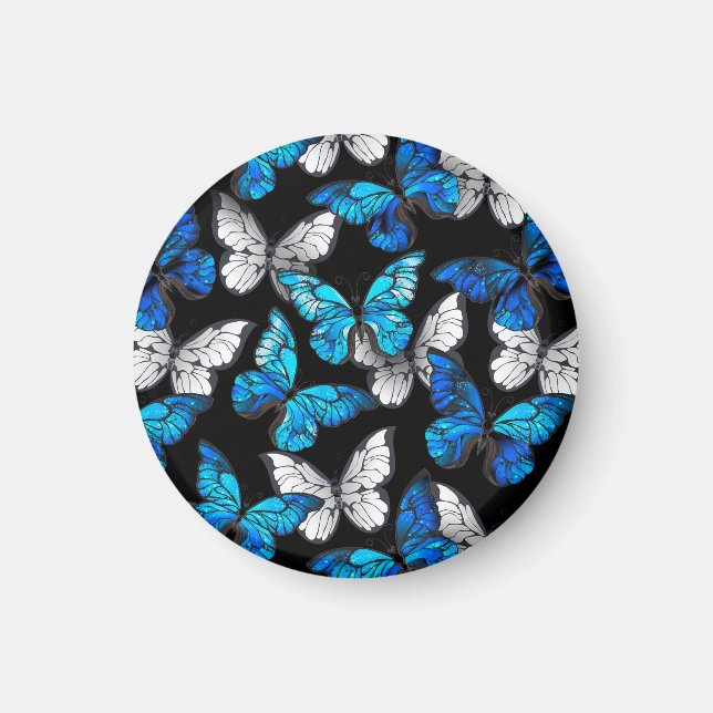 Mörk Sömlöst Mönster med Blue Butterflies Morpho Magnet (Framsidan)