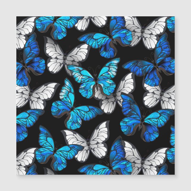Mörk Sömlöst Mönster med Blue Butterflies Morpho Magnetisk Inbjudningskort (Framsida)
