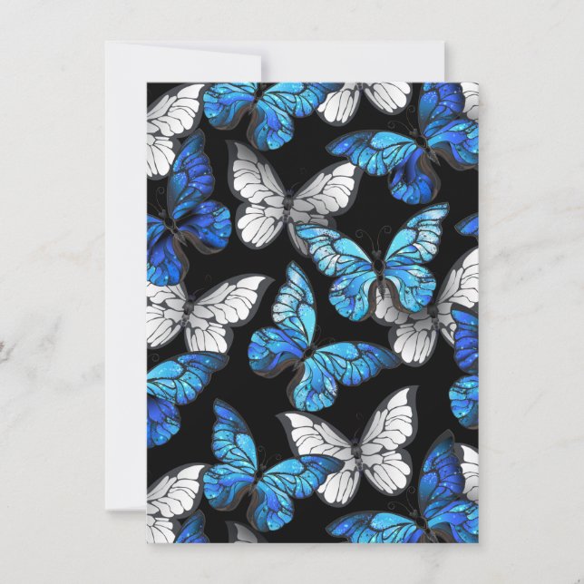 Mörk Sömlöst Mönster med Blue Butterflies Morpho Meddelande (Framsida)