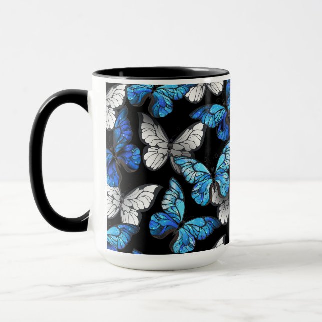 Mörk Sömlöst Mönster med Blue Butterflies Morpho Mugg (Vänster)