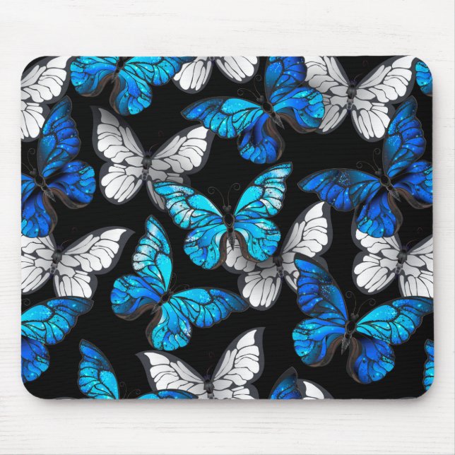 Mörk Sömlöst Mönster med Blue Butterflies Morpho Musmatta (Framsidan)