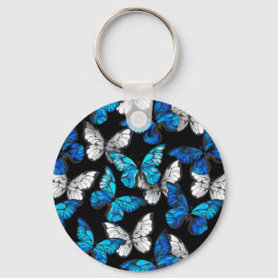 Mörk Sömlöst Mönster med Blue Butterflies Morpho Nyckelring