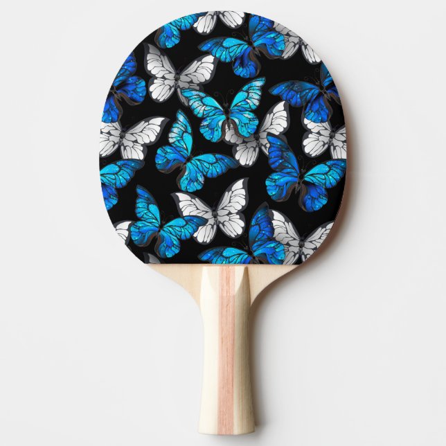 Mörk Sömlöst Mönster med Blue Butterflies Morpho Pingisracket (Framsidan)