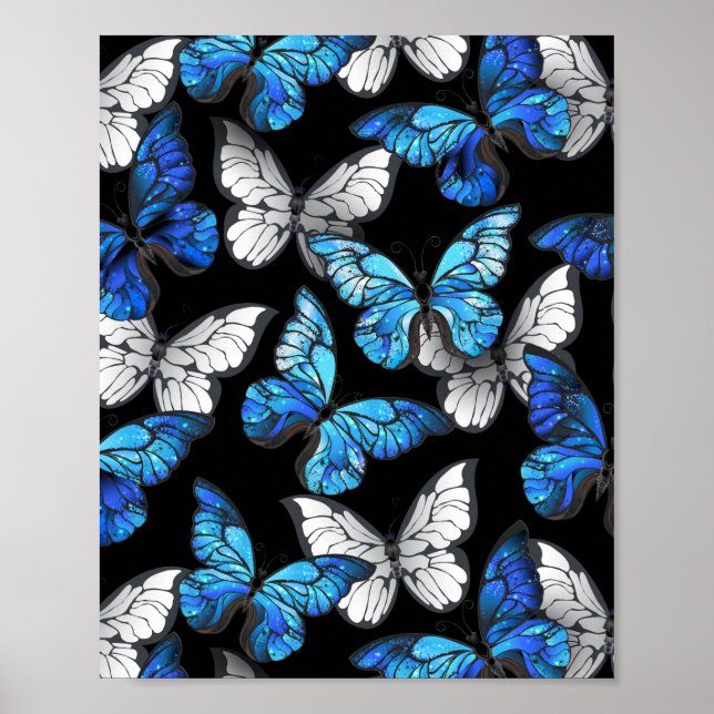 Mörk Sömlöst Mönster med Blue Butterflies Morpho Poster (Framsidan)