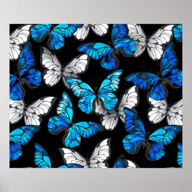 Mörk Sömlöst Mönster med Blue Butterflies Morpho Poster (Framsidan)