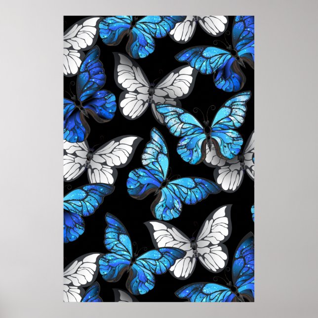 Mörk Sömlöst Mönster med Blue Butterflies Morpho Poster (Framsidan)