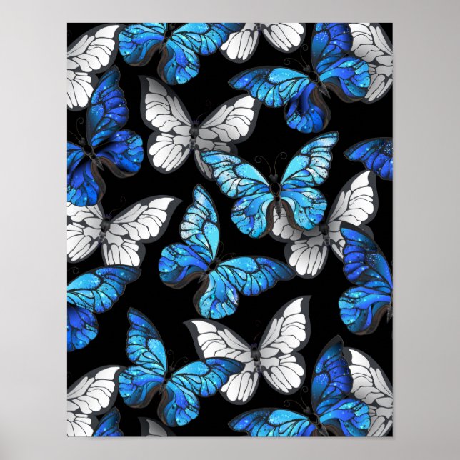 Mörk Sömlöst Mönster med Blue Butterflies Morpho Poster (Framsidan)
