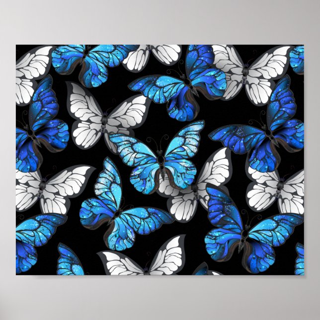 Mörk Sömlöst Mönster med Blue Butterflies Morpho Poster (Framsidan)
