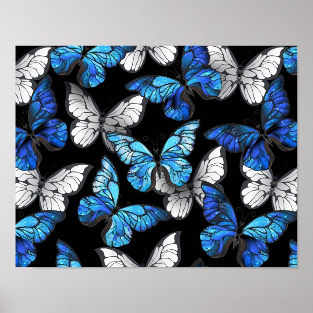 Mörk Sömlöst Mönster med Blue Butterflies Morpho Poster (Framsidan)