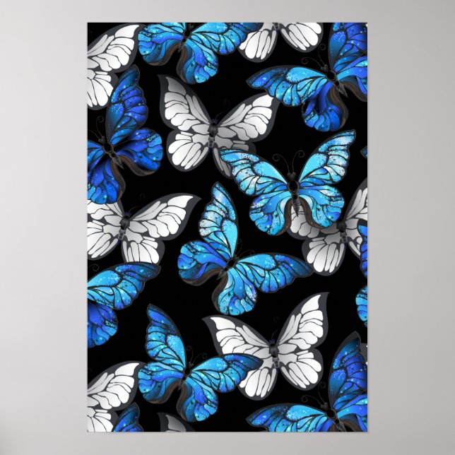 Mörk Sömlöst Mönster med Blue Butterflies Morpho Poster (Framsidan)