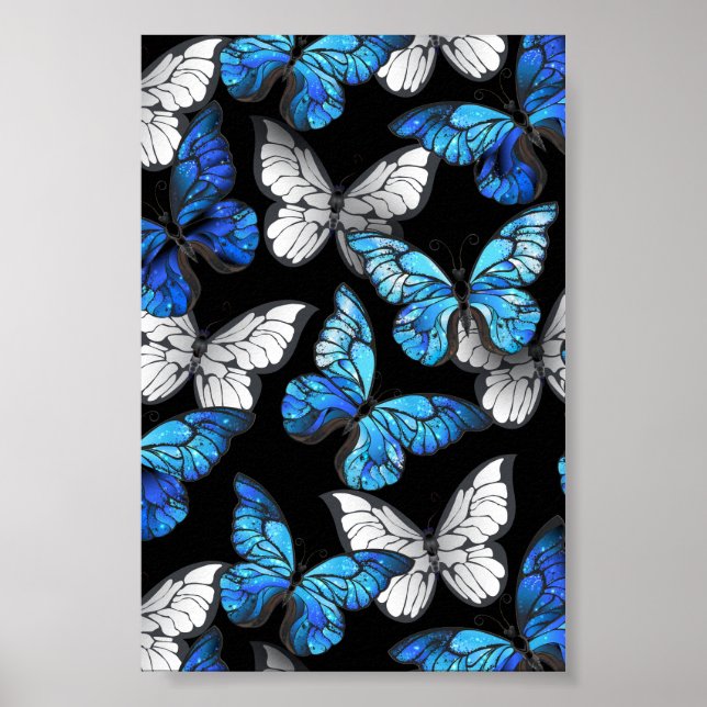 Mörk Sömlöst Mönster med Blue Butterflies Morpho Poster (Framsidan)