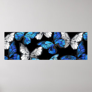 Mörk Sömlöst Mönster med Blue Butterflies Morpho Poster