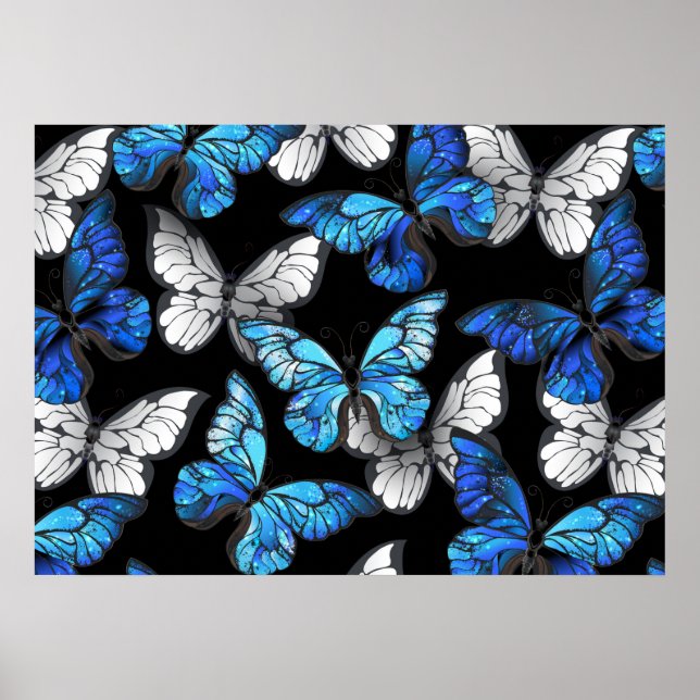 Mörk Sömlöst Mönster med Blue Butterflies Morpho Poster (Framsidan)