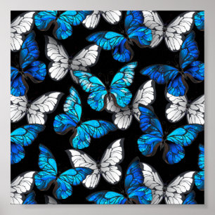 Mörk Sömlöst Mönster med Blue Butterflies Morpho Poster