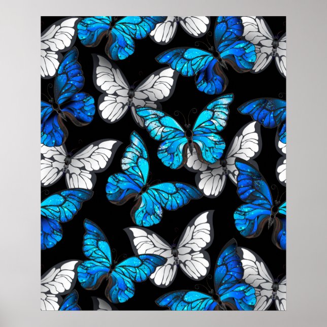 Mörk Sömlöst Mönster med Blue Butterflies Morpho Poster (Framsidan)