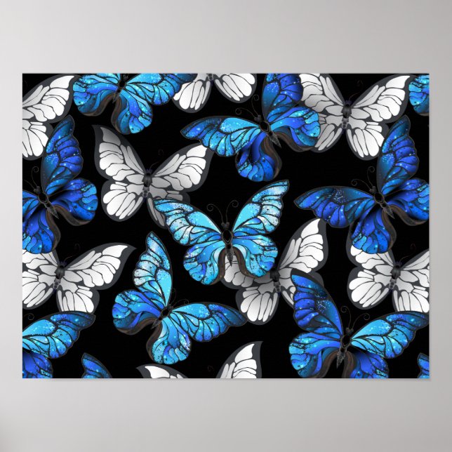 Mörk Sömlöst Mönster med Blue Butterflies Morpho Poster (Framsidan)