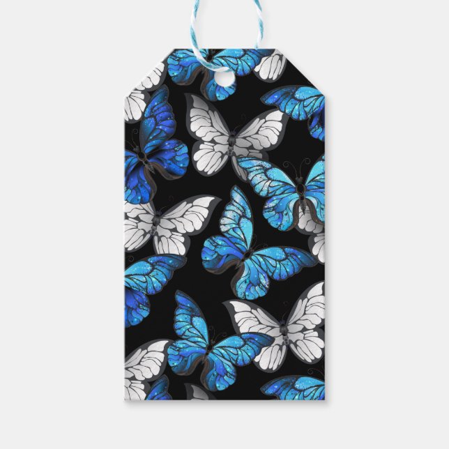 Mörk Sömlöst Mönster med Blue Butterflies Morpho Presentetikett (Framsidan)