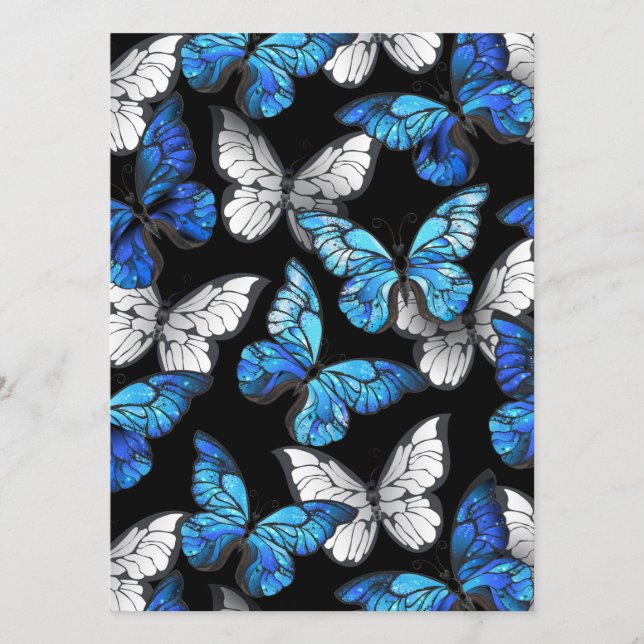 Mörk Sömlöst Mönster med Blue Butterflies Morpho Program (Framsida)
