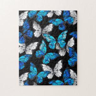 Mörk Sömlöst Mönster med Blue Butterflies Morpho Pussel