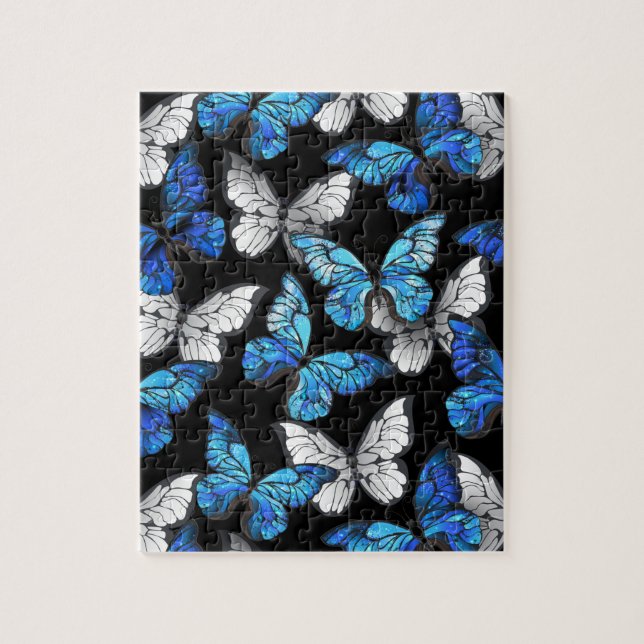 Mörk Sömlöst Mönster med Blue Butterflies Morpho Pussel (Vertikal)