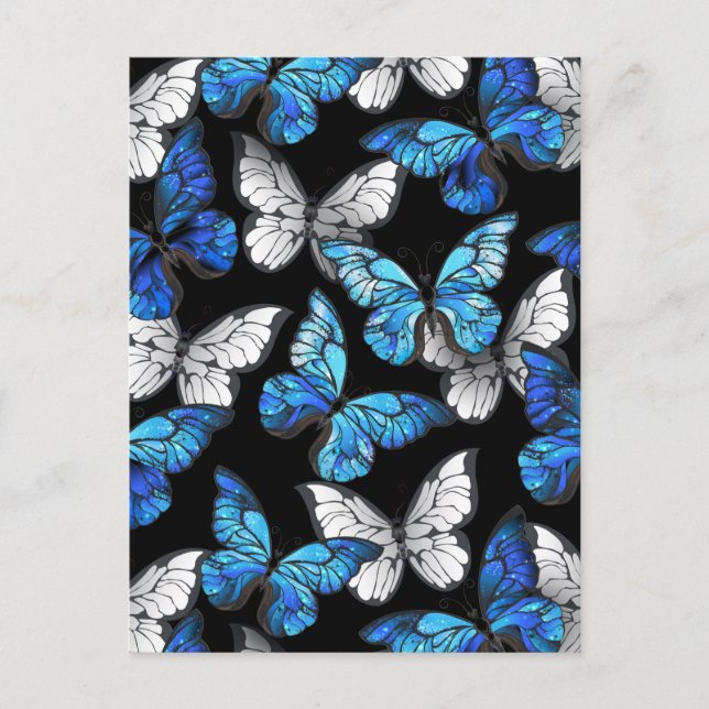 Mörk Sömlöst Mönster med Blue Butterflies Morpho Rådkort (Framsida)