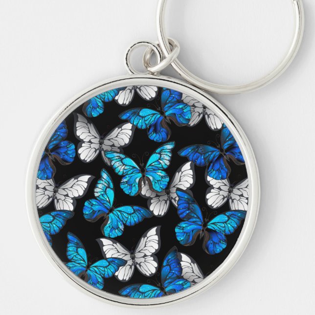 Mörk Sömlöst Mönster med Blue Butterflies Morpho Rund Silverfärgad Nyckelring (Framsidan)