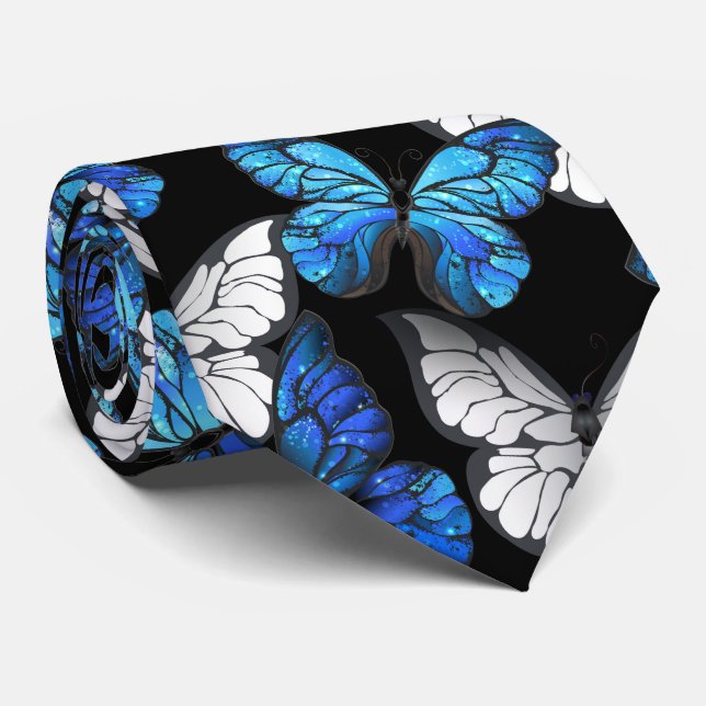 Mörk Sömlöst Mönster med Blue Butterflies Morpho Slips (Rullad)