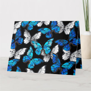 Mörk Sömlöst Mönster med Blue Butterflies Morpho Tack Kort