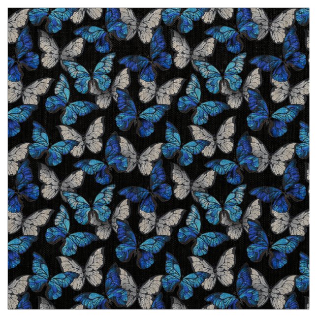 Mörk Sömlöst Mönster med Blue Butterflies Morpho Tyg (Provkarta)