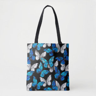 Mörk Sömlöst Mönster med Blue Butterflies Morpho Tygkasse