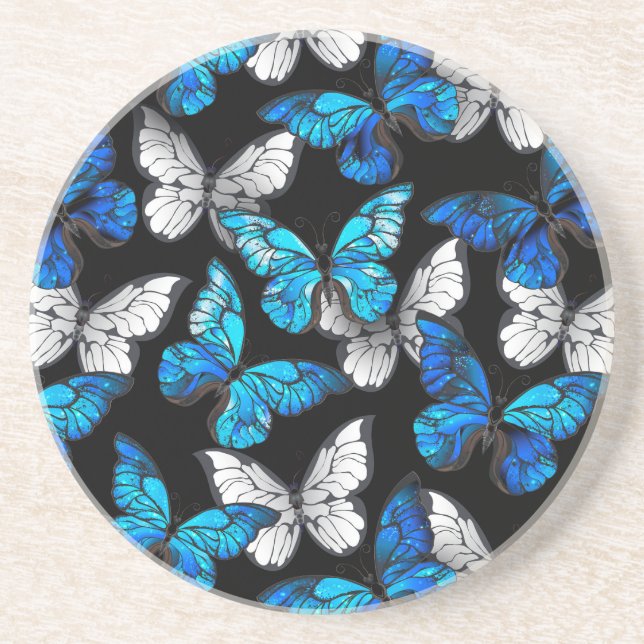 Mörk Sömlöst Mönster med Blue Butterflies Morpho Underlägg (Framsidan)