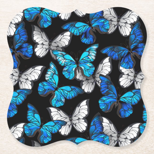Mörk Sömlöst Mönster med Blue Butterflies Morpho Underlägg Papper (Framsida)
