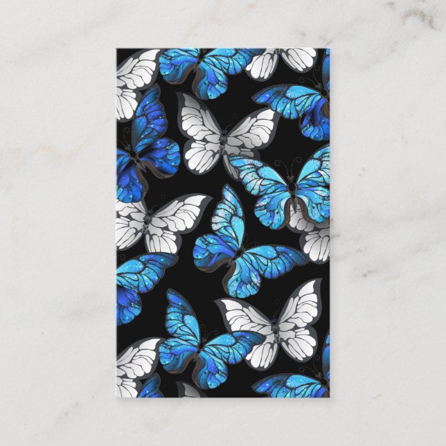Mörk Sömlöst Mönster med Blue Butterflies Morpho Visitkort (Framsida)
