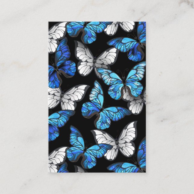 Mörk Sömlöst Mönster med Blue Butterflies Morpho Visitkort (Framsida)