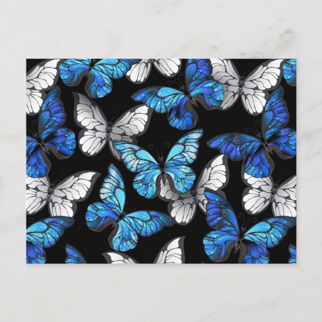 Mörk Sömlöst Mönster med Blue Butterflies Morpho Vykort (Framsida)