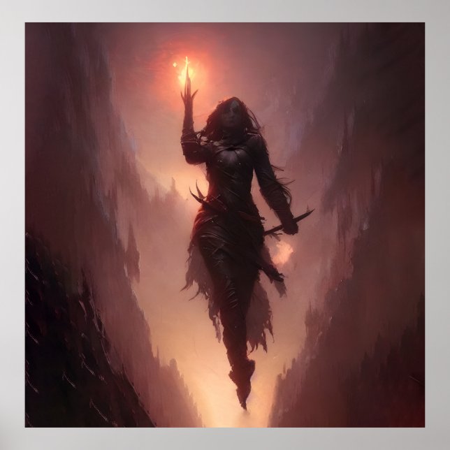 Mörk sorceress som kastar en flamstavning poster (Framsidan)