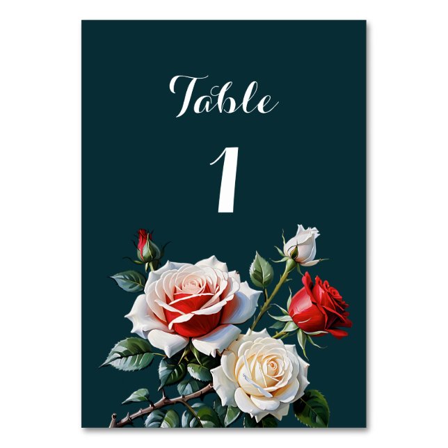 Mörk Söt rosa White röd ros blommigt bröllop Bordsnummer (Framsidan)