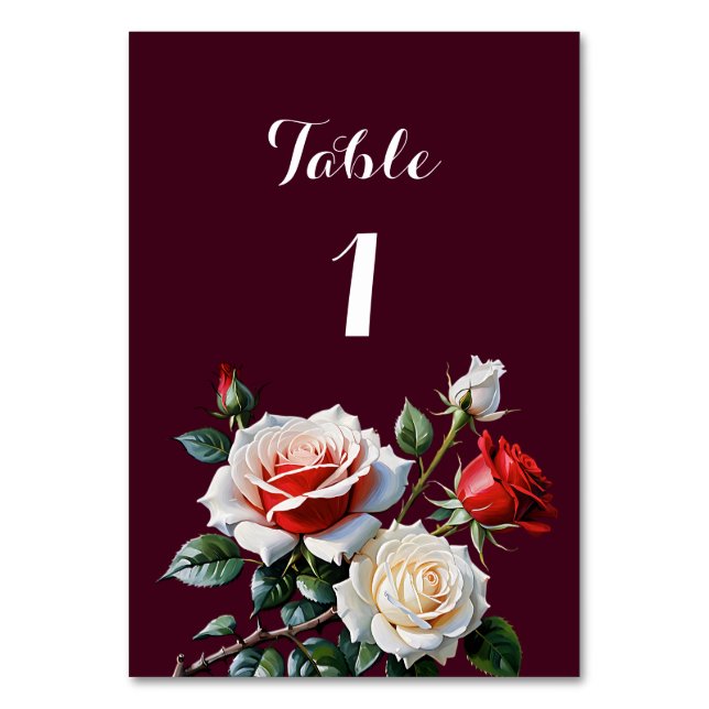 Mörk Söt rosa White röd ros blommigt bröllop Bordsnummer (Framsidan)